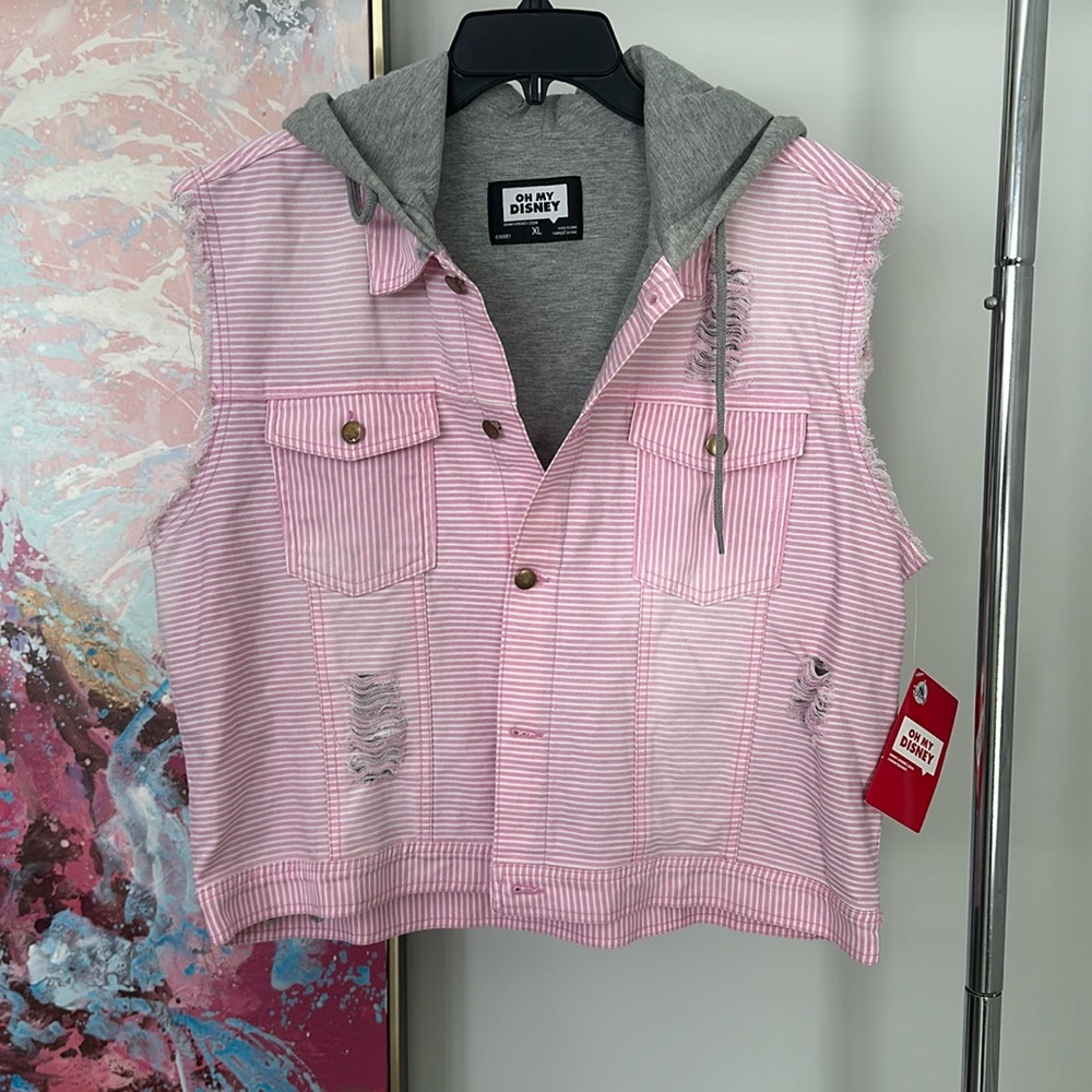 NWT Oh My Disney Alice in Wonderland Cheshire Cat denim hooded vest